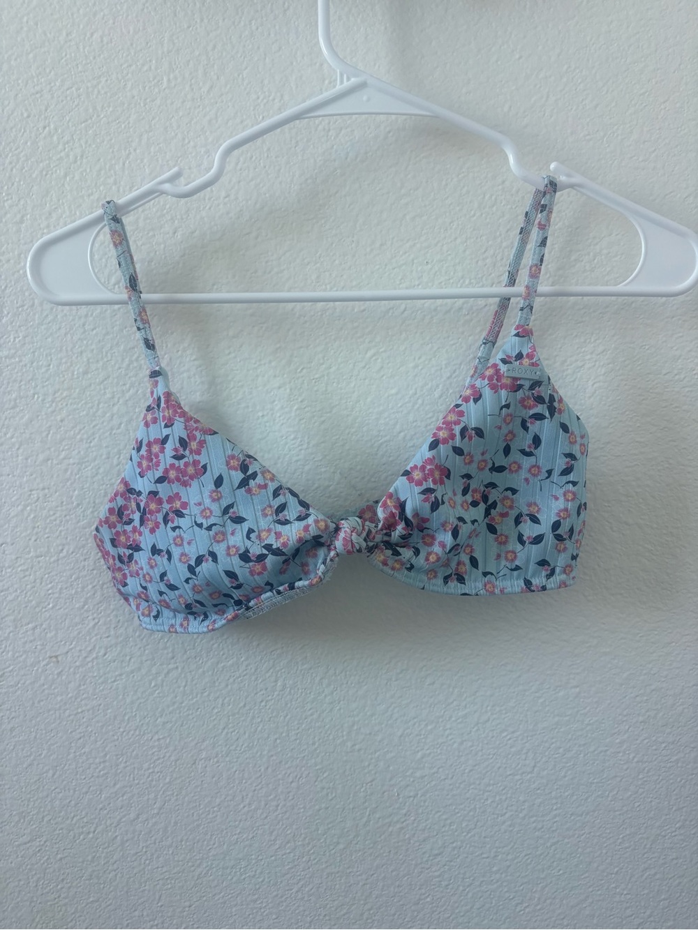 Roxy Light Blue Floral Knot Bikini Top - Pink & Navy Accents